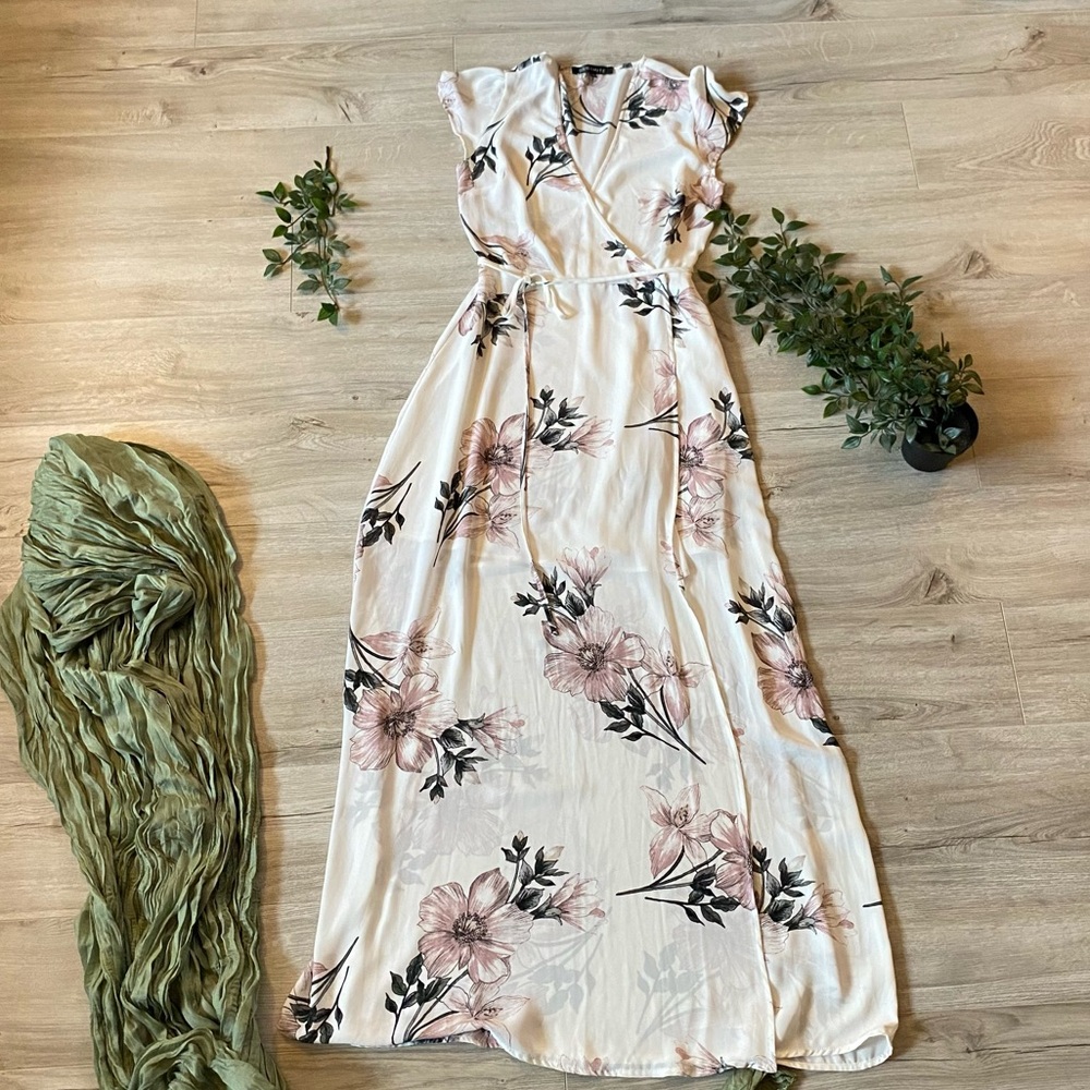 Floral Maxi Wrap Dress in Cream and Pink